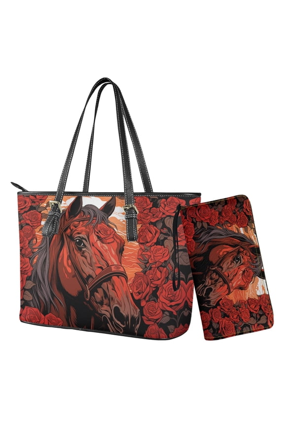 Horse Rose Print Tote Purse for Women, Large Capacity Leather Shoulder Handbag with Adjustable Strap, Waterproof Satchel Purse for Travel, Red