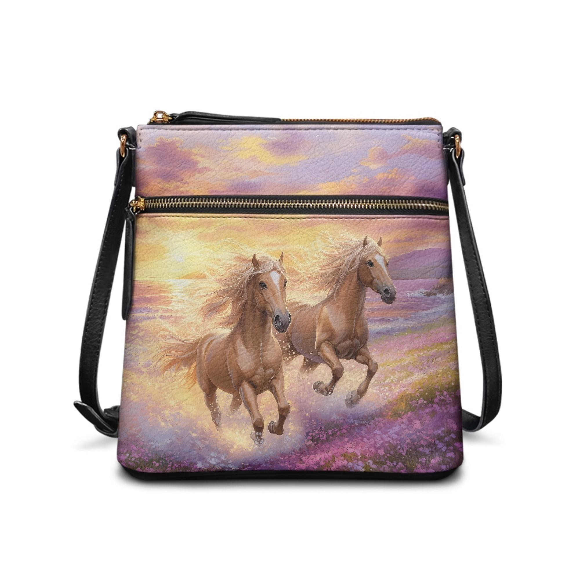Kuiaobaty Horse Sunset Flower Print Crossbody Bag for Women, Trendy Portable Leather Satchel Purse Crossbody, Multi Pockets Messenger Handbag with Adjustable Strap for Travel