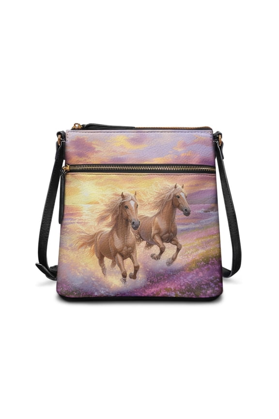 Horse Sunset Flower Print Crossbody Bag for Women, Trendy Portable Leather Satchel Purse Crossbody, Multi Pockets Messenger Handbag with Adjustable Strap for Travel
