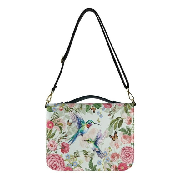 Kuiaobaty Hummingbird Butterfly Flower Print Faux Leather Bible Cover Case Bible Carrying Book Case Durable Church Bag Bible Bag Bible Protective with Handle & Shoulder Strap Gift for Women Men, M