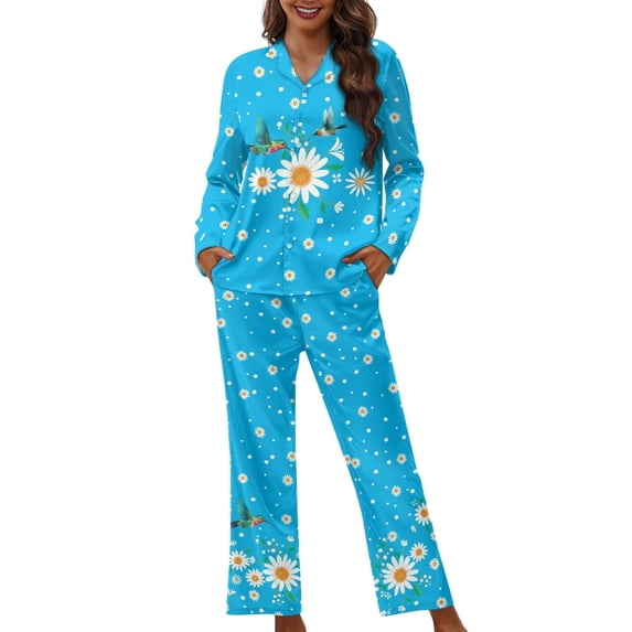 Kuiaobaty Hummingbird Daisy Print Pajamas Set for Women Button Down Long Sleeve Tops and Long Pants Loose Plus Size Pajamas Set for Womens Casual Sleepwear, Blue, 4XL