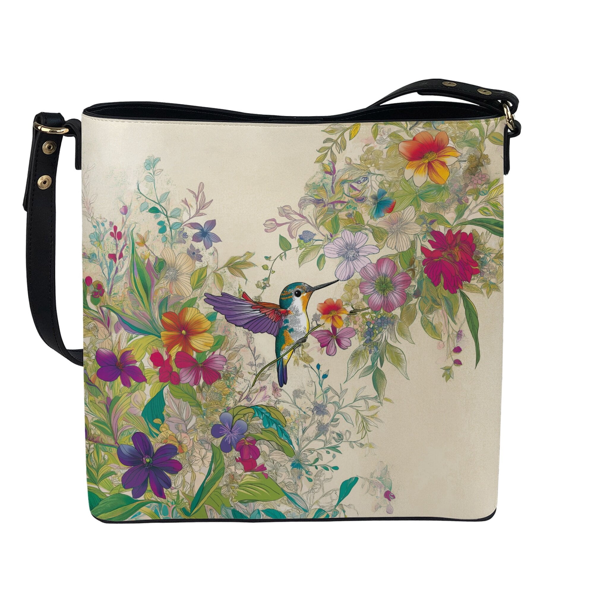 Kuiaobaty Hummingbird Flower Print Crossbody Bag for Women, Large Capacity Vegan Leather Shoulder Purse with Adjustable Strap, Casual Durable Bucket Tote Bag Handbag Crossbody for Travel