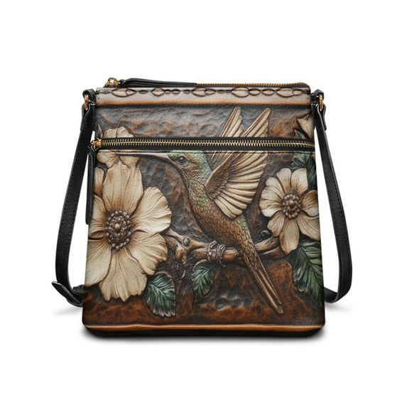 Kuiaobaty Hummingbird Flower Print Crossbody Bag for Women, Lightweight Vegan Leather Messenger Handbag Crossbody, Medium Size Sling Purse with Adjustable Strap for Travel