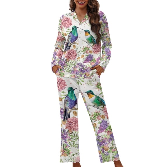 Kuiaobaty Hummingbird Flower Print Pajamas Set for Womens Ladies Long Sleeve Lounge Set with Button Down Sleepwear Long Pants Trousers Set 2 Pcs Lounge Pajama Sets for Women, 3XL