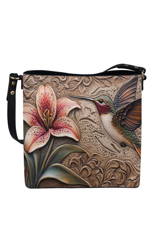 Hummingbird Lily Print Leather Bucket Crossbody Bag for Women, Trendy Lady Bucket Tote Handbag Crossbody, Large Capacity Hobo Shoulder Purse with Removable Strap for Travel