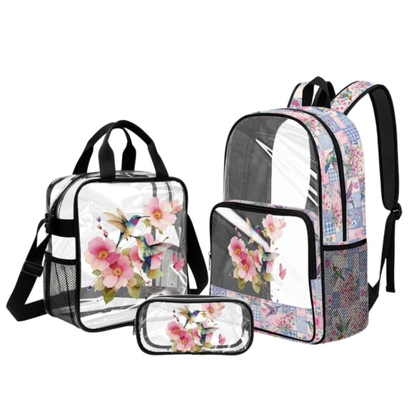 Kuiaobaty Hummingbird Print Backpack and Lunch Bag Set for Girls Flower Print Clear Backpack and Pencil Case with Zipper Lightweight Bookbag with Lunch Box for School