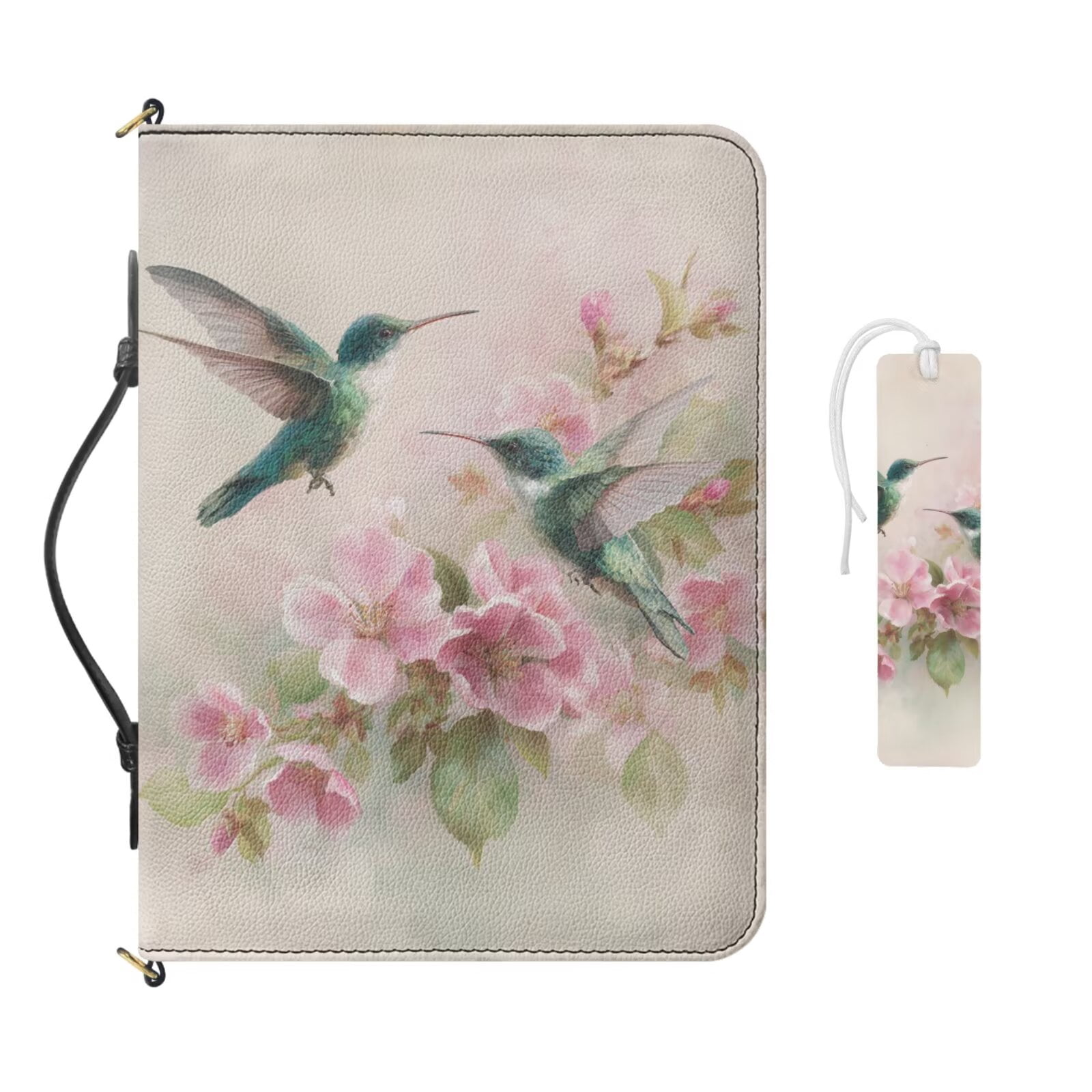 Kuiaobaty Hummingbird Print Bible Cover for Women Men Cherry Blossom Print Bible Study Supplies with Leather Bookmark Multi Pockets Church Bag Bibles Case with Strap Gifts for Christian, Beige