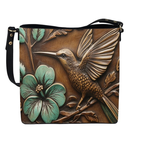Kuiaobaty Hummingbird Print Bucket Crossbody Bag for Women, Hibiscus Print Vegan Leather Hobo Satchel Purse with Adjustable Strap, Vintage Bucket Tote Bag Handbag Crossbody for Travel