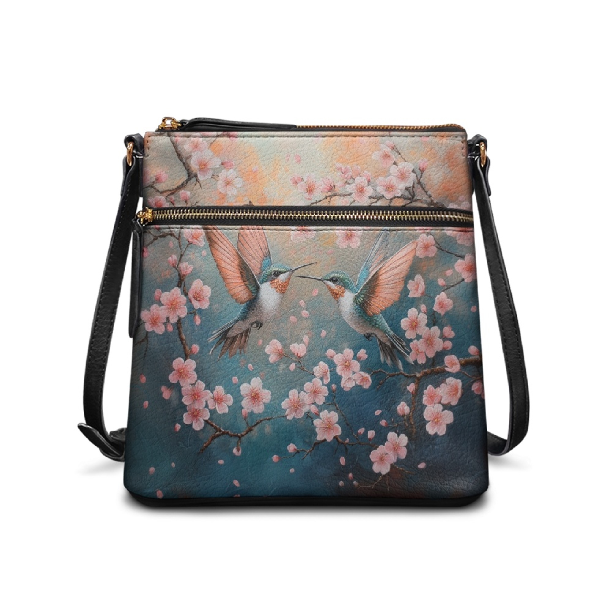 Kuiaobaty Hummingbird Print Crossbody Bag for Women, Cherry Blossom Print PU Leather Hobo Handbag with Adjustable Strap, Roomy Large Capacity Sling Purse Crossbody for Travel