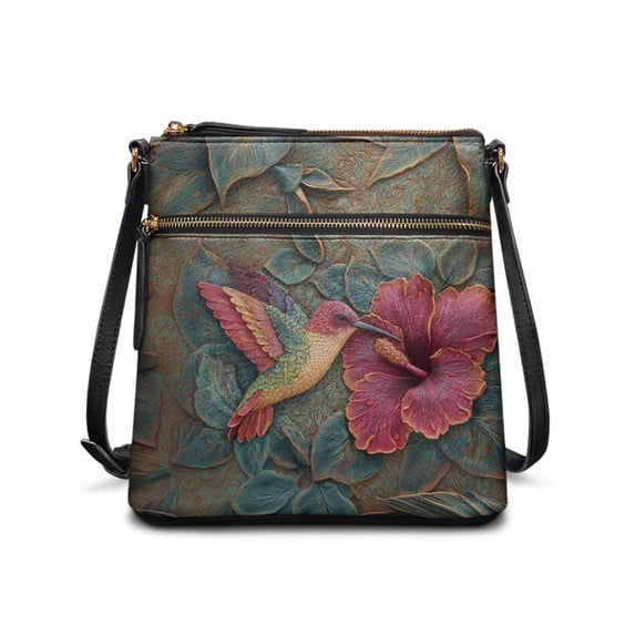 Kuiaobaty Hummingbird Print Crossbody Bag for Women, Hibiscus Flower Print Vegan Leather Hobo Handbag Crossbody, Multi Pockets Shoulder Purse with Adjustable Strap for Travel & Work