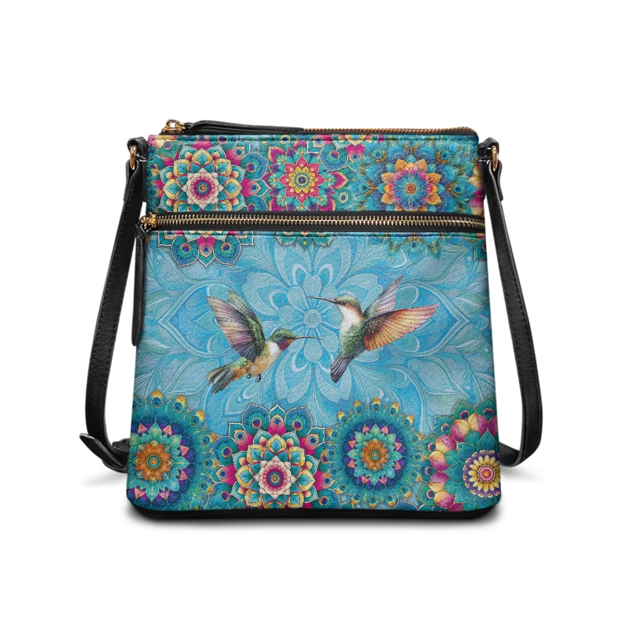 Kuiaobaty Hummingbird Print Crossbody Bag for Women, Mandala Flower Print Vegan Leather Shoulder Purse with Adjustable Strap, Large Capacity Sling Handbag Crossbody for Travel