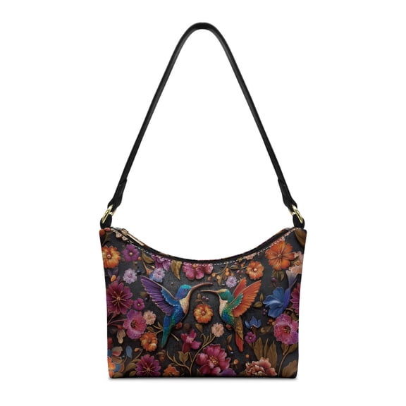 Kuiaobaty Hummingbird Print Hobo Purse for Women Trendy, Vintage Flower Print Vegan Leather Underarm Sling Bag, Ethnic Style Shoulder Handbag with Smooth Zipper for Travel