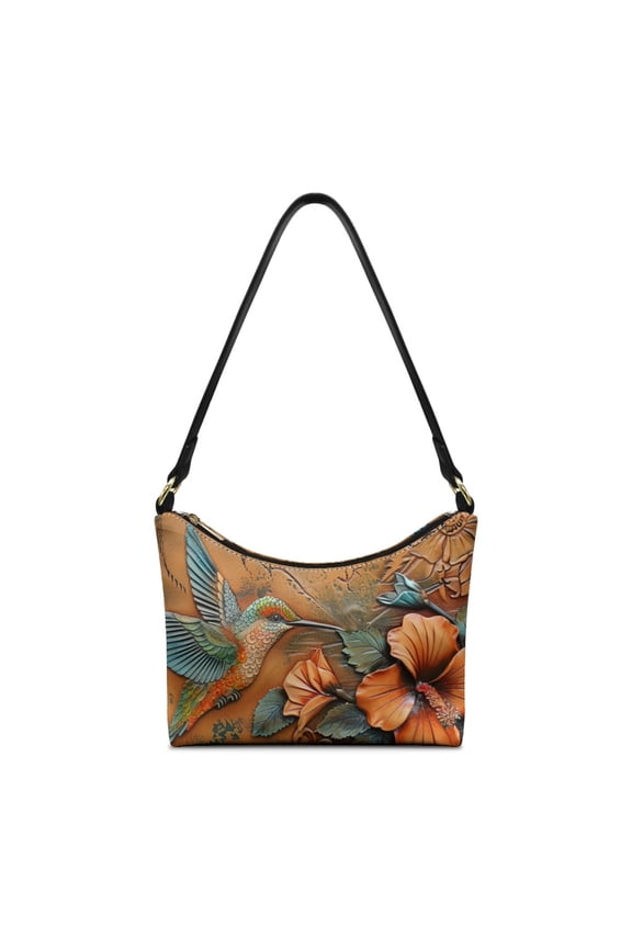 Hummingbird Print Hobo Purse for Women, Vintage Hibiscus Print Vegan Leather Underarm Sling Bag, Lightweight Shoulder Handbag with Zipper Closure for Travel, Orange