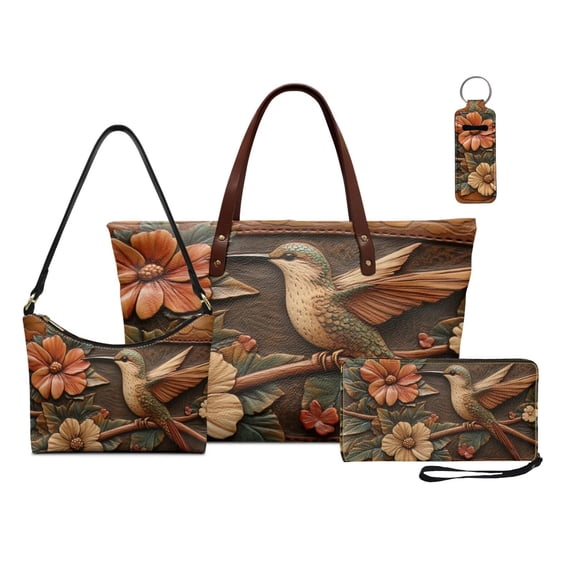 Kuiaobaty Hummingbird Print Purse and Wallet Set for Women Flower Print Tote Handbag with Lipstick Holder Large Capacity Top Handle Handbag Set for Travel, Brown