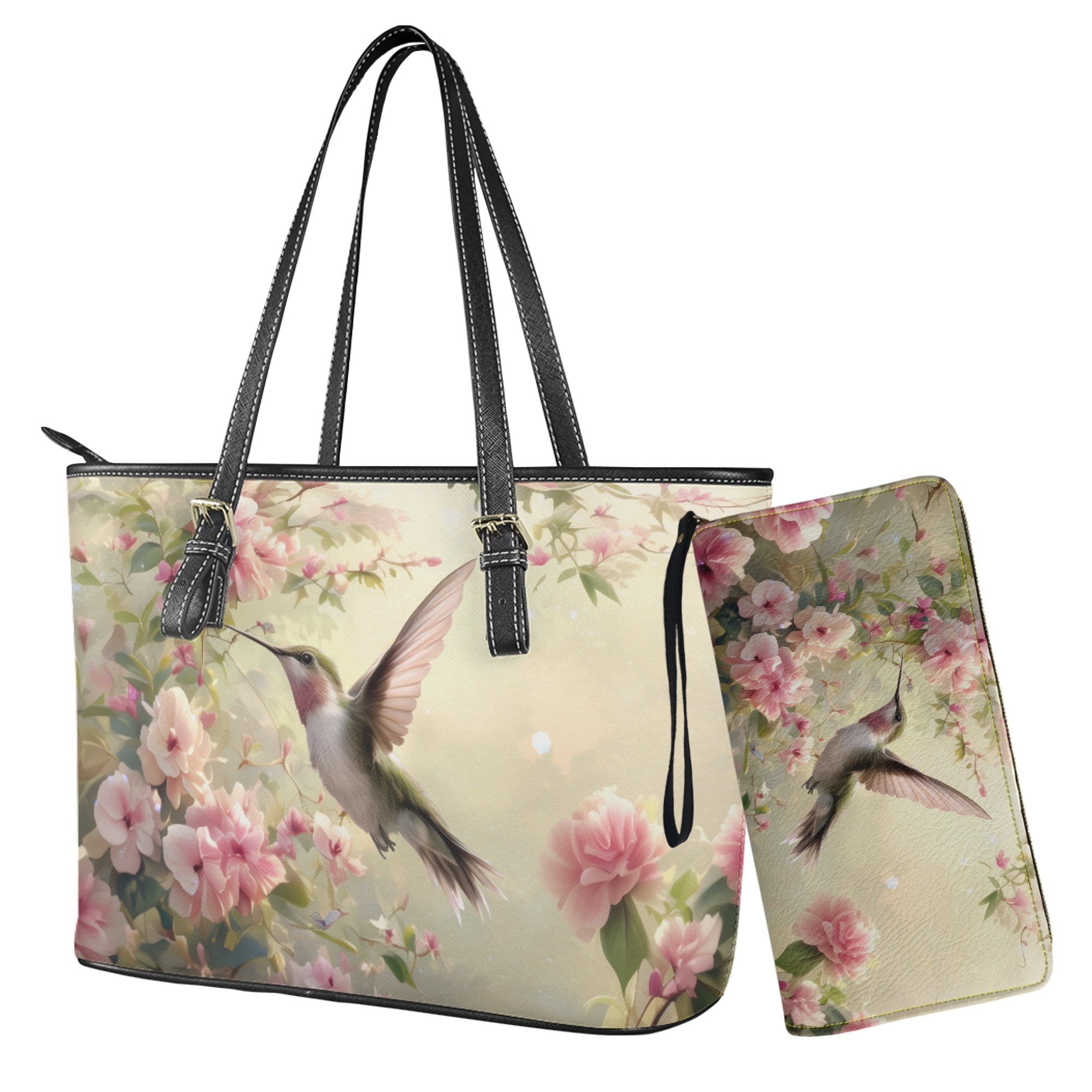 Kuiaobaty Hummingbird Print Tote Bag for Women, Flowers Print Leather Satchel Purse with Adjustable Strap, Lightweight Casual Shoulder Handbag for Travel & Shopping, Green