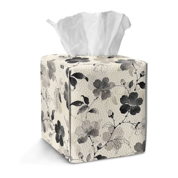 Kuiaobaty Ink Floral Print Cube Tissue Box Cover with Chinese Style Square Tissue Box Cover with Easy Refill Leather Tissue Holder Facial Paper Organizer Dispenser for Home Office Desk, Beige