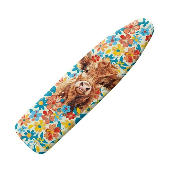 Kuiaobaty Ironing Board Cover Resist Scorching Iron Board Cover Extra Wide Table Top with Elastic Edge, Highland Cow Floral Blue Orange