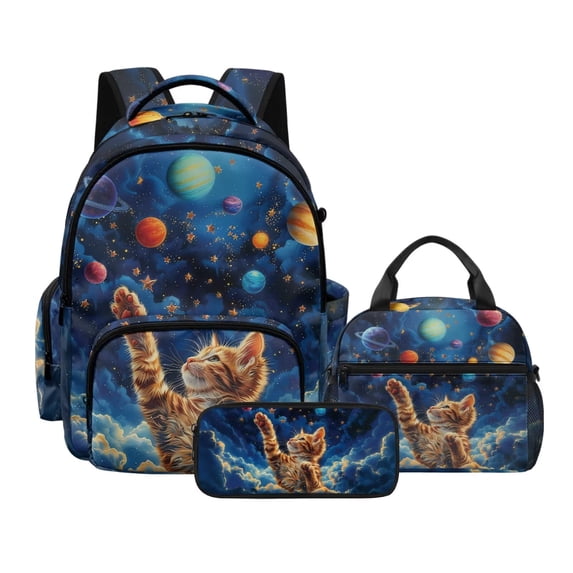 Kuiaobaty Kids Backpack Set of 3 Large Capacity Backpack and Lunch Box Set with Cup Holder Roomy Sturdy Bookbag with Pencil Case with Zipper for School Hiking, Cat Stars Planet Print