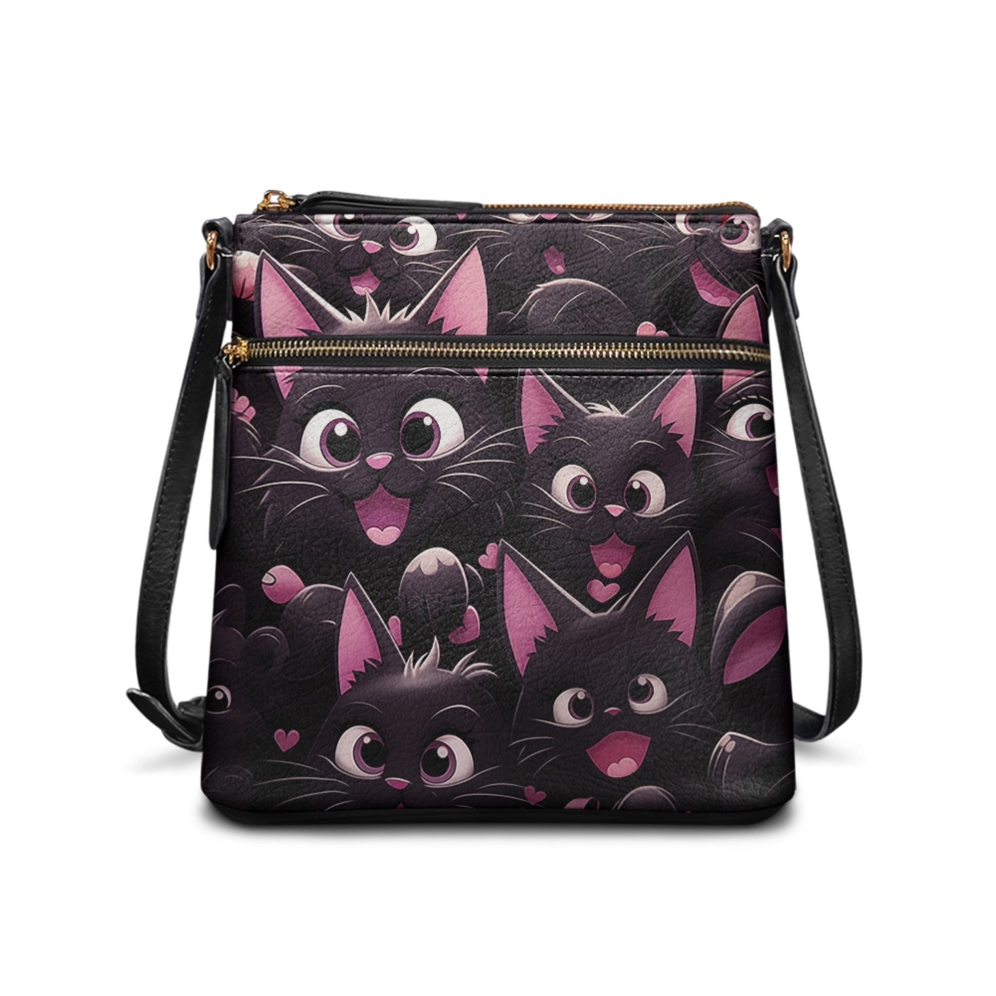 Kuiaobaty Kitten Print Crossbody Bag for Women Medium Size, Multi Pocket Vegan Leather Shoulder Purse Crossbody, Lightweight Casual Sling Handbag with Adjustable Strap for Travel & Work