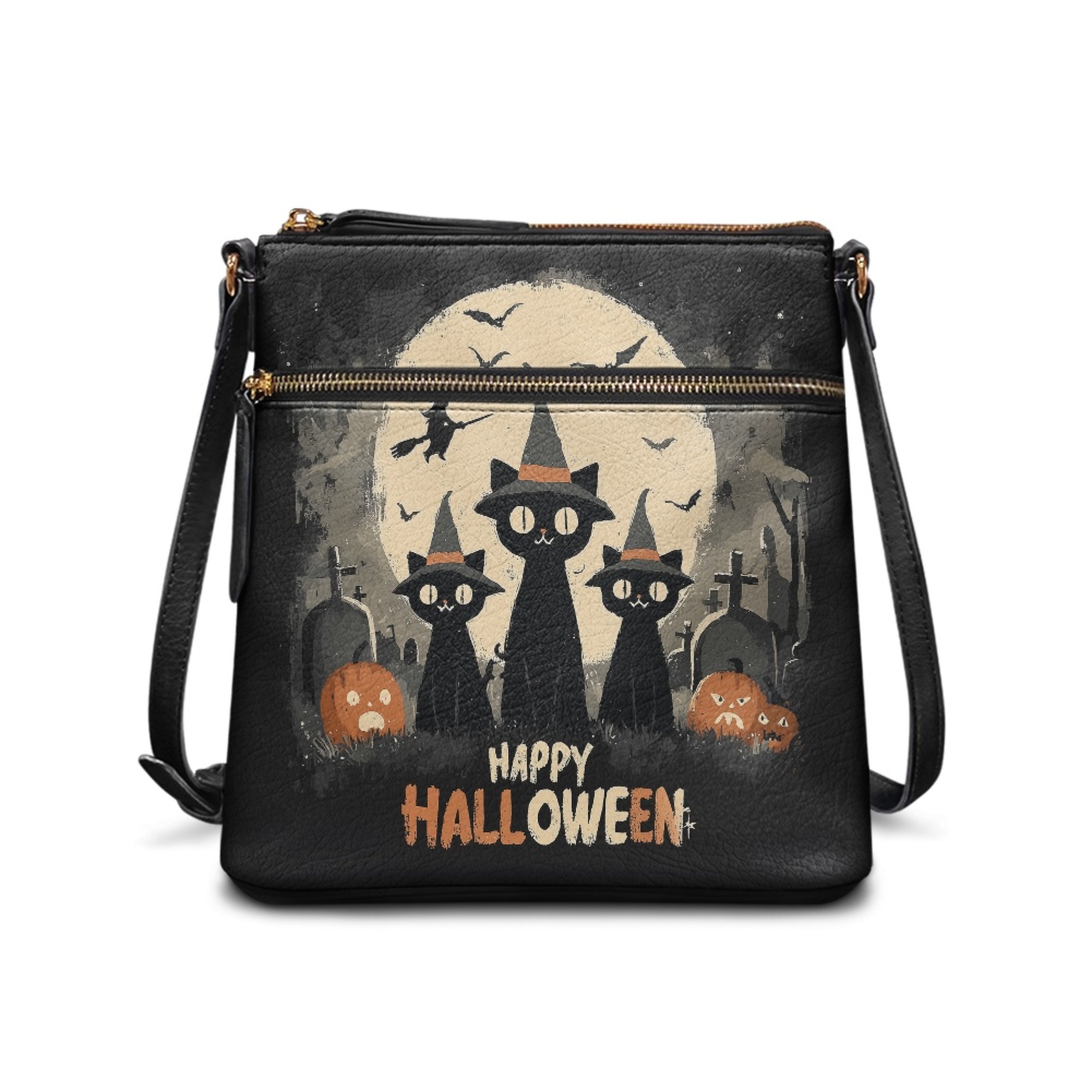 Kuiaobaty Kitten Pumkin Grave Print Crossbody Bag for Women, Lightweight Multi Pocket Vegan Leather Shoulder Purse, Waterproof Travel Crossbody Handbag, Trendy Sling Bag for Halloween