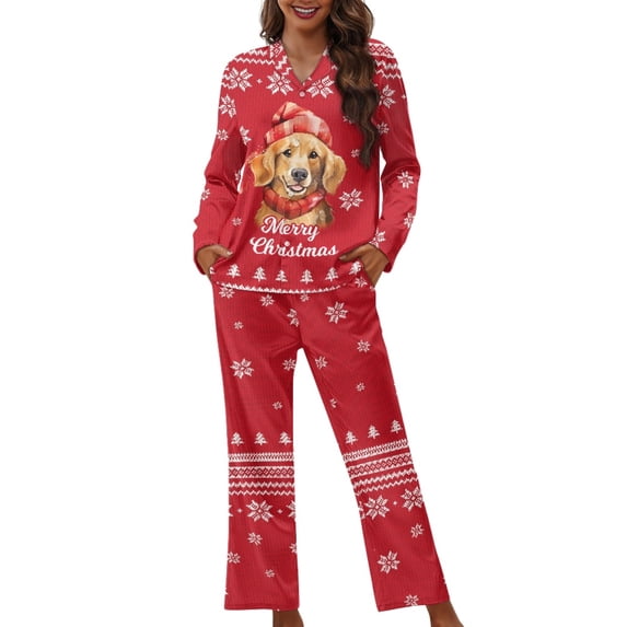 Kuiaobaty Labrador Dog Print Women's Pajama Sets Christmas Snowflake Long Sleeve Button Down Sleepwear Xmas Nightwear Soft Pjs Lounge Sets, XS