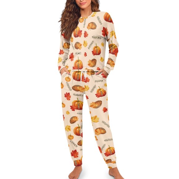 Kuiaobaty Ladies Lounge Set, Autumn Harvest Long Sleeve Women's Long Sleeve Pajama Set Soft Polyester Fabric Women‘s Pajama Sets for Nightwear Sleepwear, Size S