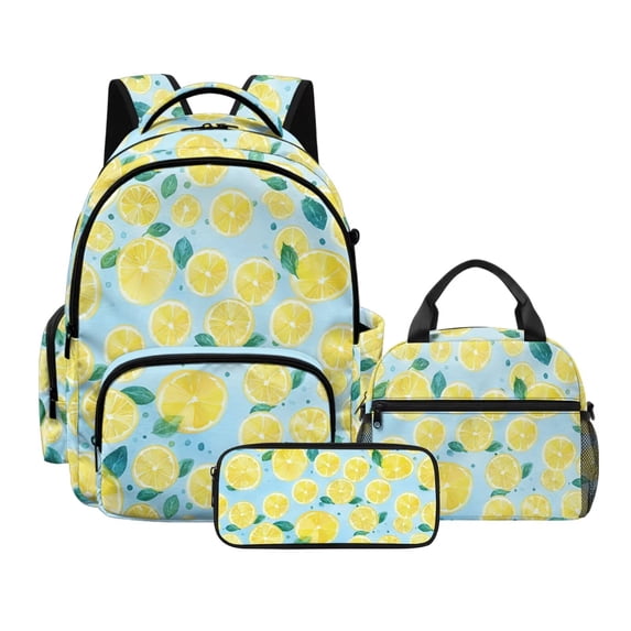Kuiaobaty Lemon Print 3 Pcs Backpack and Lunch Box Set for Girls Boys Multi Pockets Lunch Bag and Bookbag with Bottle Holder Lightweight Backpack and Pencil Bags Set for School Picnic