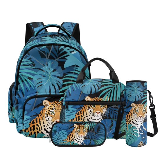 Kuiaobaty Leopard Print Backpack Set with Pencil Case for Boys 8-12 Monstera Print Backpack and Lunch Bag Lightweight Bookbag and Bottle Holder with Strap for School