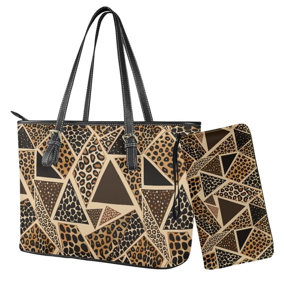 Kuiaobaty Leopard Print Satchel Handbag for Women, Cow Print Leather Shoulder Bag Purse with Adjustable Strap, Roomy Casual Tote Handbag Set for Travel, Brown