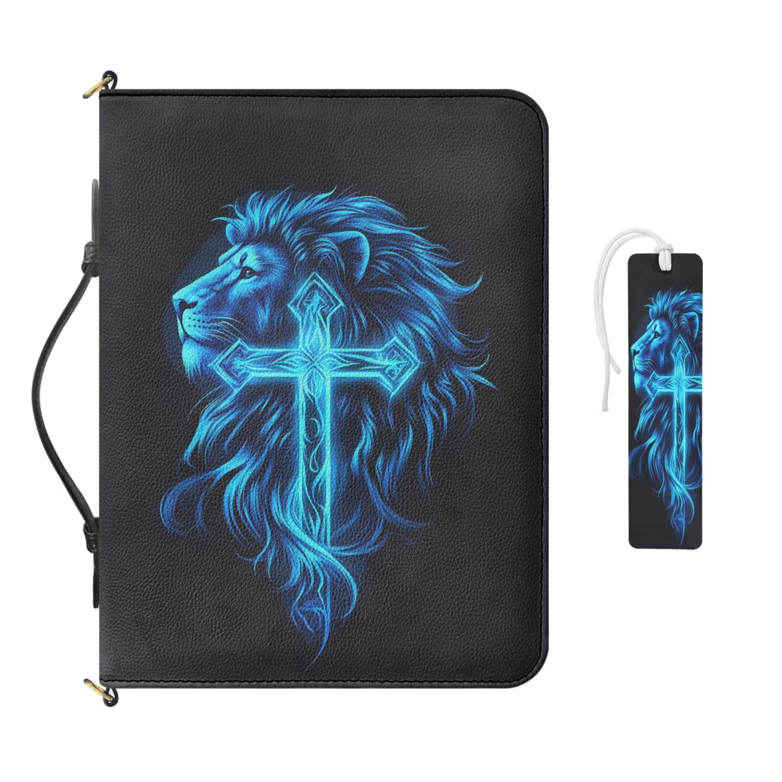 Kuiaobaty Lion Cross Print Bible Cover with Leather Bookmark Lightweight Bible Carrying Case with Handle and Strap Portable Church Bag Scripture Case for Women Men Church, Black