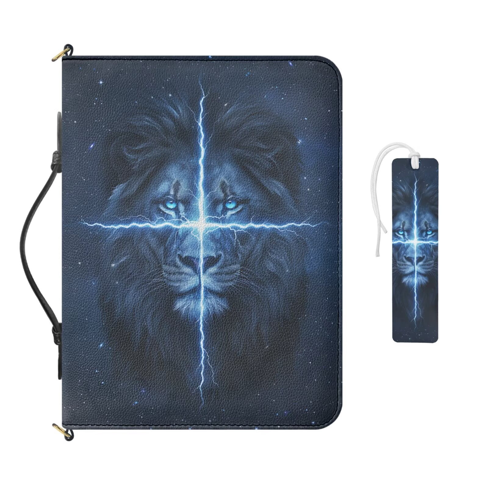 Kuiaobaty Lion Galaxy Print Bible Cover for Women Sturdy Carrying Book Case with Bookmark Waterproof Leather Church Bible Protective with Handle and Strap for Church, Blue