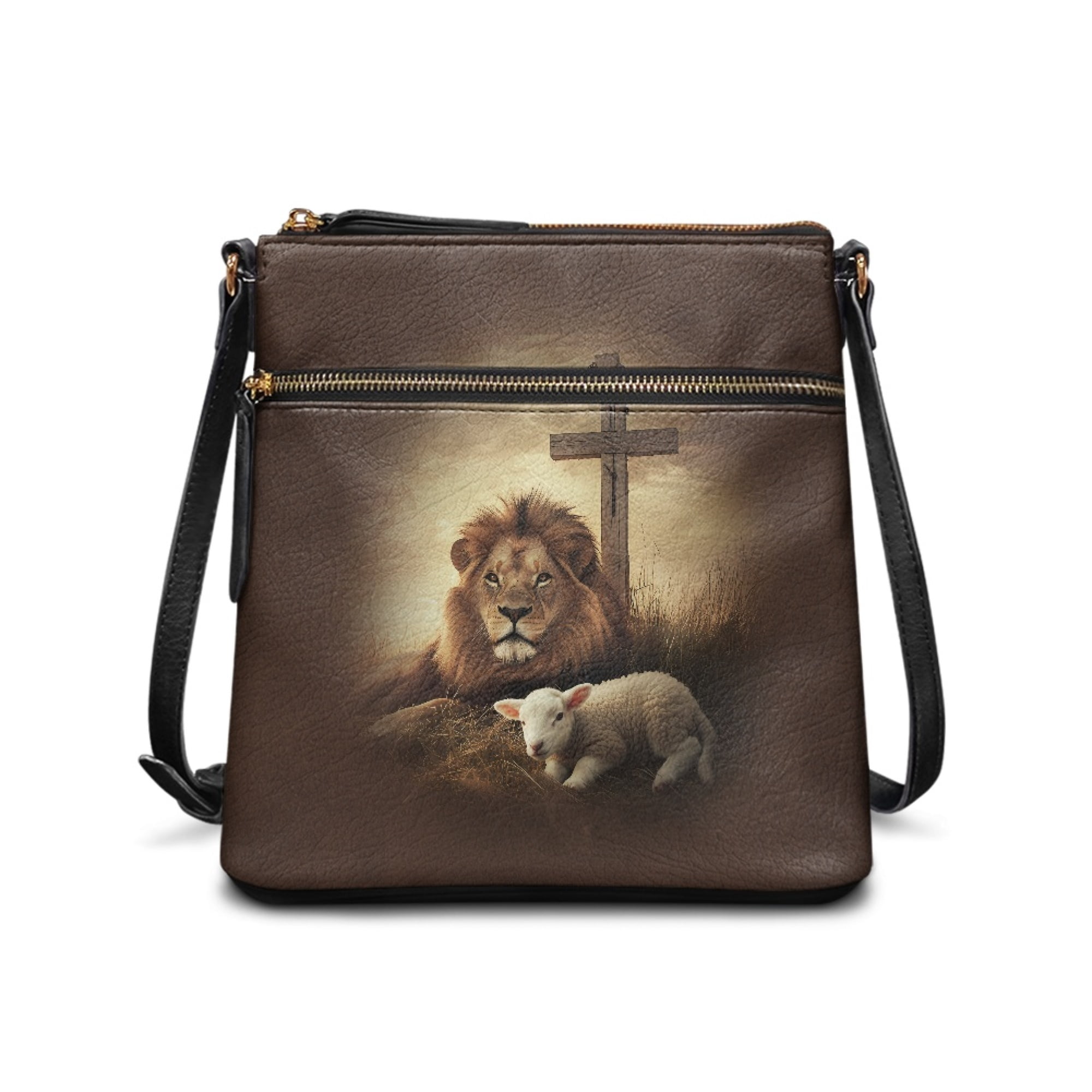 Kuiaobaty Lion Lamb Cross Print Crossbody bag for Women, Medium Size Portable Leather Satchel Purse with Adjustable Strap, Lightweight Messenger Handbag Crossbody for Travel