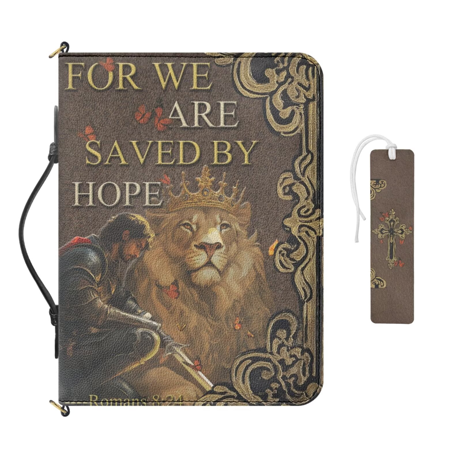 Kuiaobaty Lion Print Bible Cover for Women Men Church Bible Bag Church Bag with Leather Bookmark Lightweight Bibles Study Accessories with Verse For We Are Saved By Hope