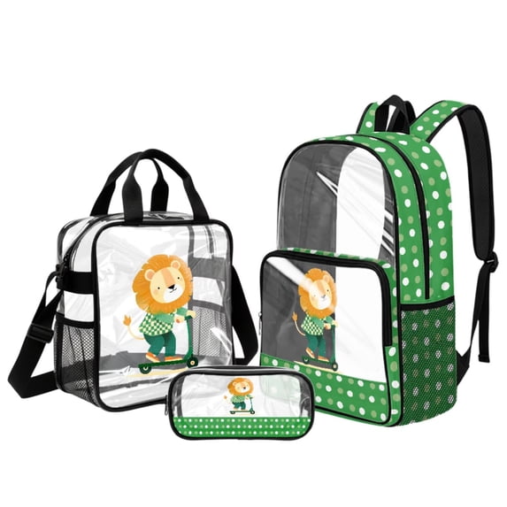 Kuiaobaty Lion Print Clear Backpack Set for Kids Polka Dot Print Bookbag and Pencil Case with Zipper Sturdy Transparent Backpack and Lunch Bag for School, Green