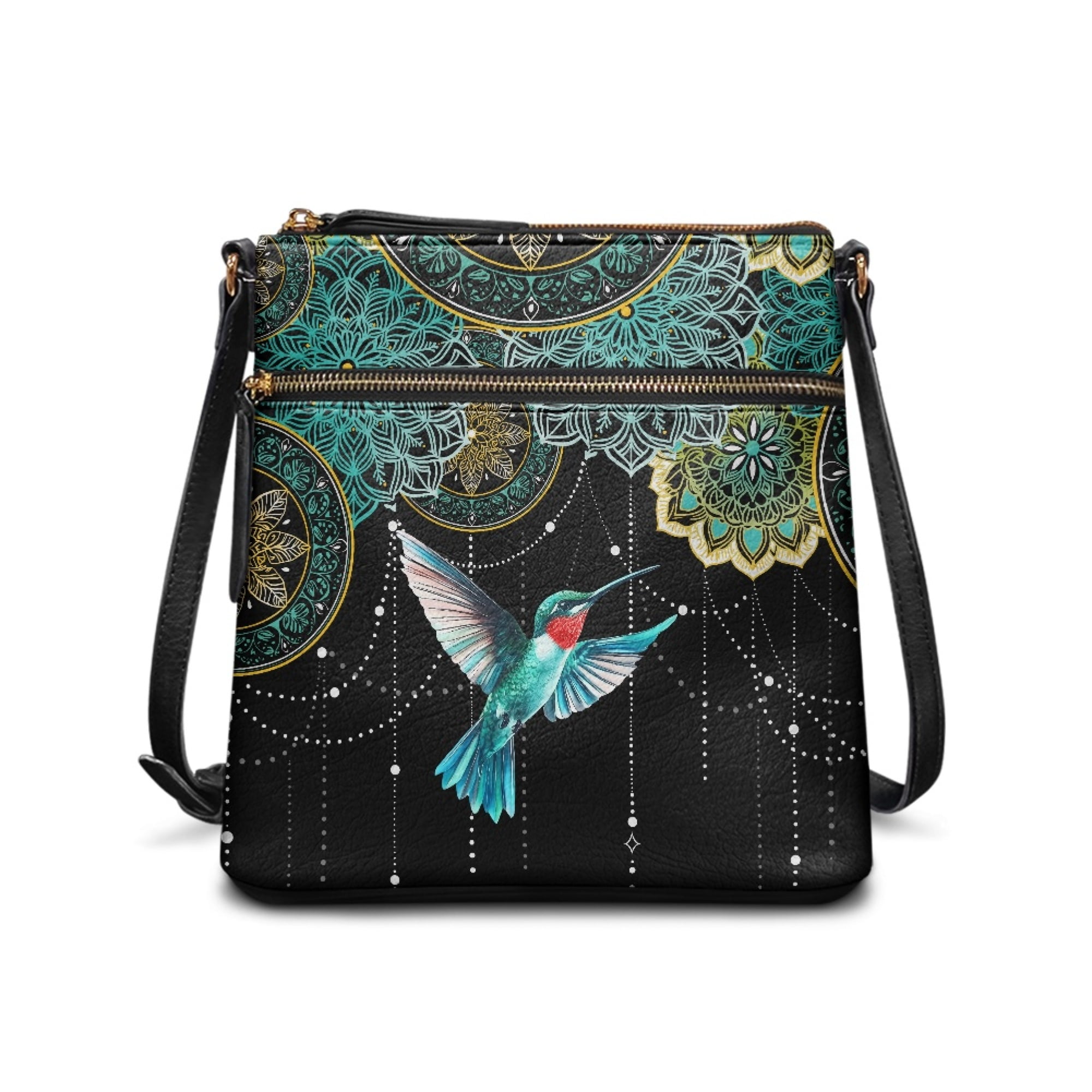 Kuiaobaty Madala Hummingbird Print Women's Crossbody Bag, Multi Pockets Vegan Leather Hobo Handbag with Adjustable Strap, Trendy Shoulder Purse Crossbody for Travel & Shopping