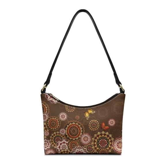 Kuiaobaty Mandala Flower Print Hobo Purse for Women, Butterfly Print Leather Shoulder Handbag with Zipper Closure, Ethnic Style Sturdy Underarm Sling Bag for Travel, Brown
