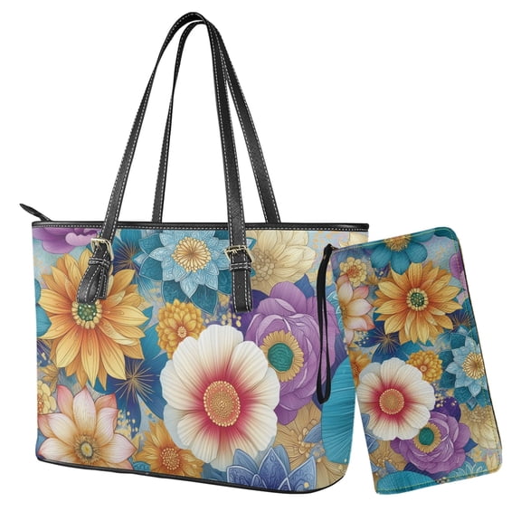 Kuiaobaty Mandala Flowers Print Tote Purse for Women, Waterproof Leather Shoulder Bag Purse with Adjustable Strap, Ethnic Style Satchel Handbag for Travel