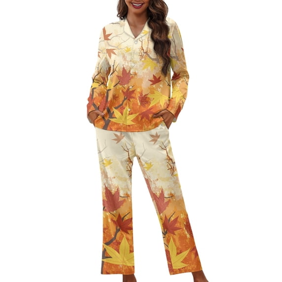 Kuiaobaty Maple Leaf Print Women Pajama Sets Thanksgiving Long Sleeve Pj Sleepwear Soft Comfy Button Down Sleep Sets Loungewear with Pockets, S