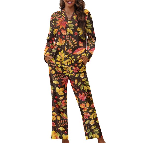 Kuiaobaty Maple Leaf Print Women's 2 Piece Satin Outfits Long Sleeve Button Down Tops Thanksgiving Wide Leg Pants Loungewear Pajama Sets, Size 2XL