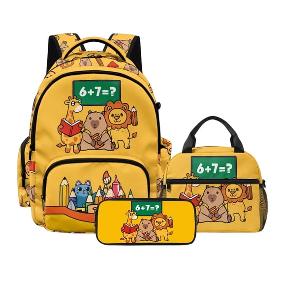 Kuiaobaty Math Lion Print Backpack and Lunch Box Set for Boys Girls Capybara Giraffe Print Backpack with Pencil Case with Zipper Insulated Portable Lunch Bag with Pencil Pouch for School Hiking
