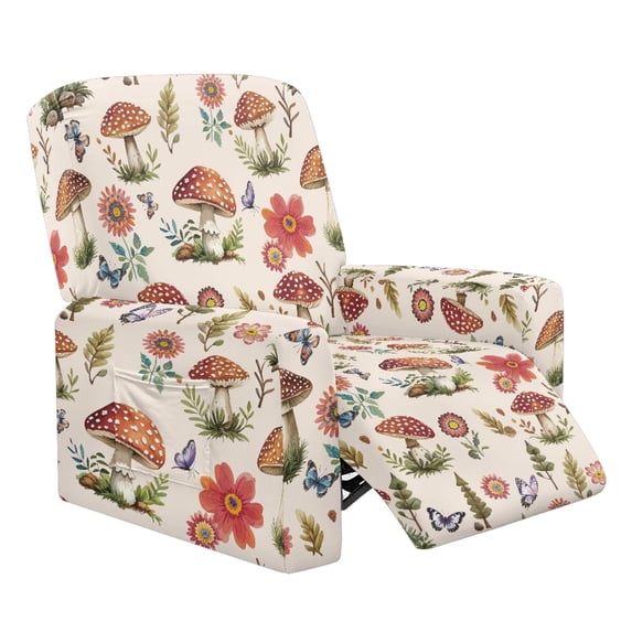 Kuiaobaty Mushroom Flower Pattern Reclining Slipcover Butterfly Anti-Slip Recliner Chair Cover Large Breathable Reclining Sofa Slipcover Washable Recliner Couch Cover with Side Pocket for Pets