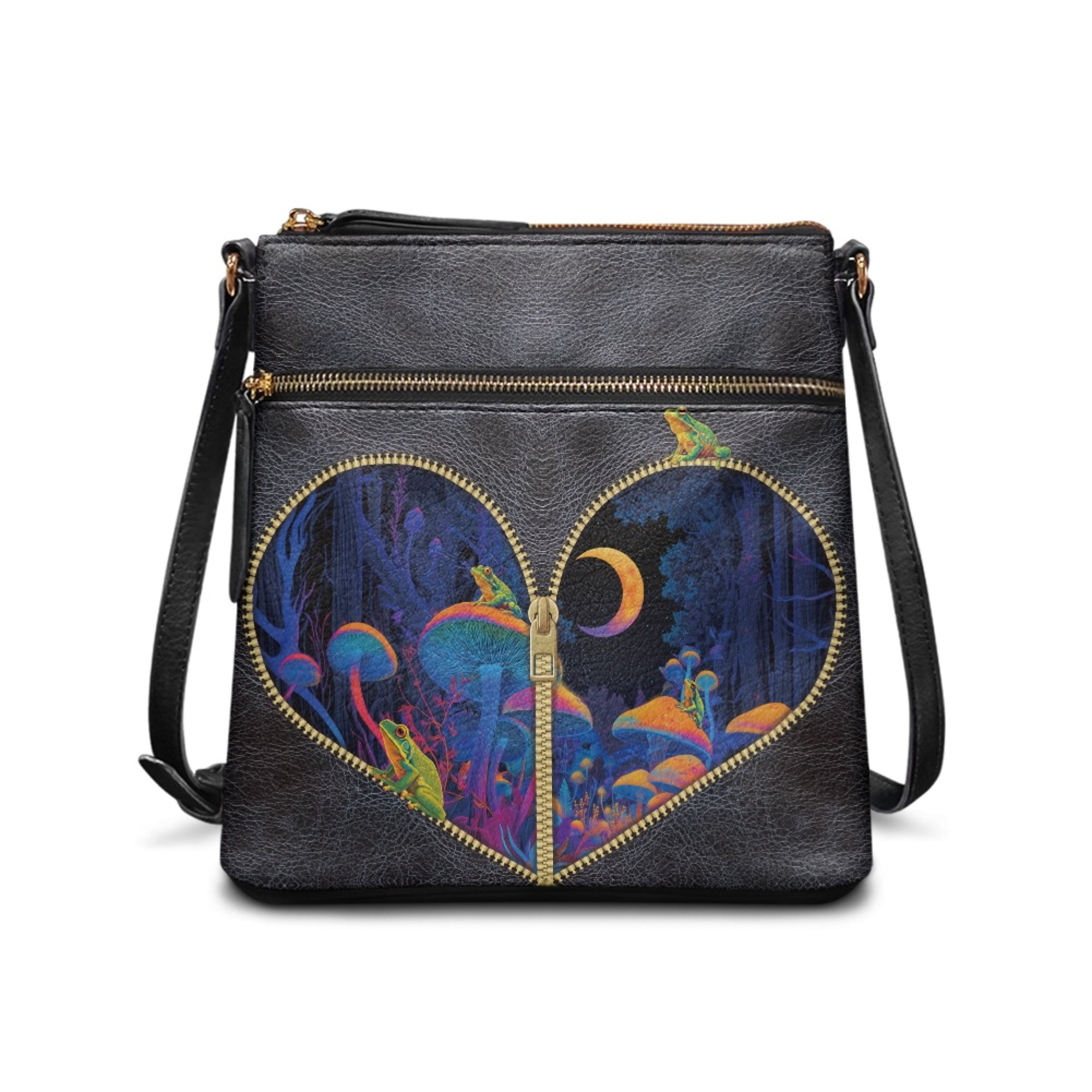 Kuiaobaty Mushroom Frog Print Crossbody bag for Women, Punk Lightweight Vegan Leather Hobo Handbag Crossbody, Multi Pockets Messenger Purse with Adjustable Strap for Travel