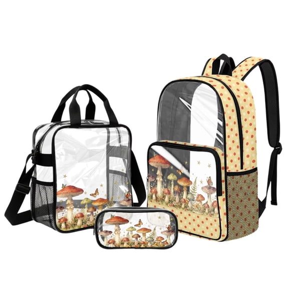 Kuiaobaty Mushroom Print Clear Backpack Set for Girls 8-12 Butterfly Printed Clear Backpack and Pencil Case with Zipper Polka Dot Print Bookbag and Lunch Box Set for School