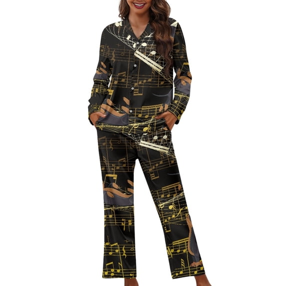 Kuiaobaty Music Note Print Pajamas Set for Womens Ladies Long Sleeve Lounge Set with Button Down Sleepwear Long Pants Trousers Set 2 Pcs Lounge Pajama Sets for Women, Size XL