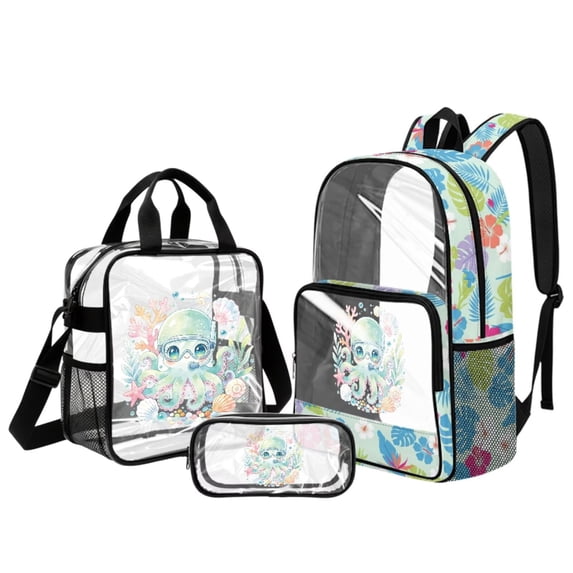 Kuiaobaty Octopuses Print Clear Backpack and Lunch Bag Set for Boys Girls Hibiscus Printed Clear Backpack and Pencil Case with Zipper Monstera Print Bookbag with Lunch Box for School
