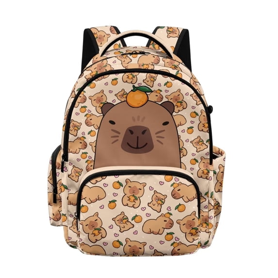 Kuiaobaty Orange Capybara Print Backpack for Girls Boys 17 Inch Backpack with Cup Holder Lightweight School Bag for School, Beige