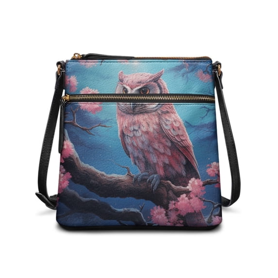 Kuiaobaty Owl Cherry Blossom Print Crossbody Bag for Women, Rommy Multi Pockets Vegan Leather Shoulder Handbag, Lightweight Waterproof Hobo Purse Cossbody for Travel & Dating