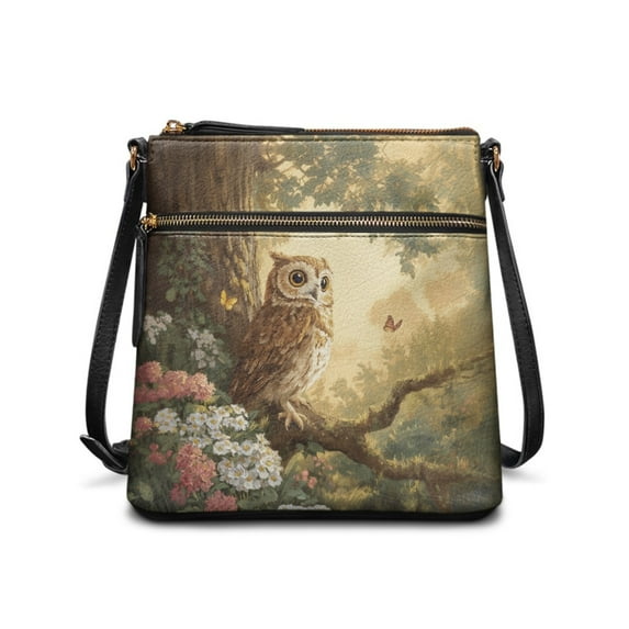 Kuiaobaty Owl Flower Butterfly Print Women's Crossbody Bag, Fashion Multi Pockets Vegan Leather Shoulder Handbag Crossbody, Large Capacity Messenger Purse with Adjustable Strap for Travel
