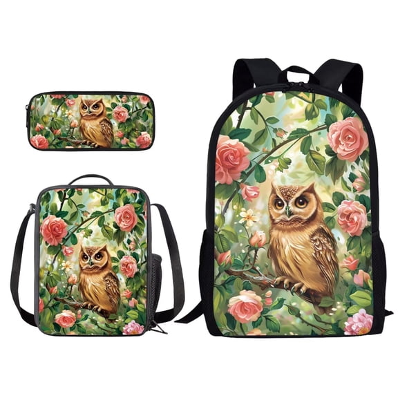 Kuiaobaty Owl Flower Leaf Pattern Backpacks for Girls School Bookbags Set with Lunch Tote Bag and Pencil Case Lightweight Cute Backpack 3 Pieces Set