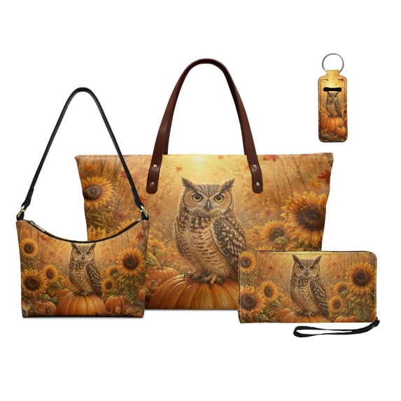 Kuiaobaty Owl Print Handbag and Wallet Set for Women Fall Tote Purse with Underarm Bag Pumpkin Sunflower Print Hobo Purse Lip Pouch for Travel, Yellow